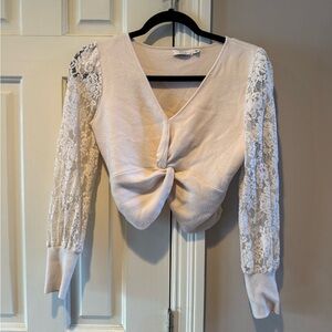 Women’s Lush Cream Lace Sleeve Twisted Front Cropped Sweater